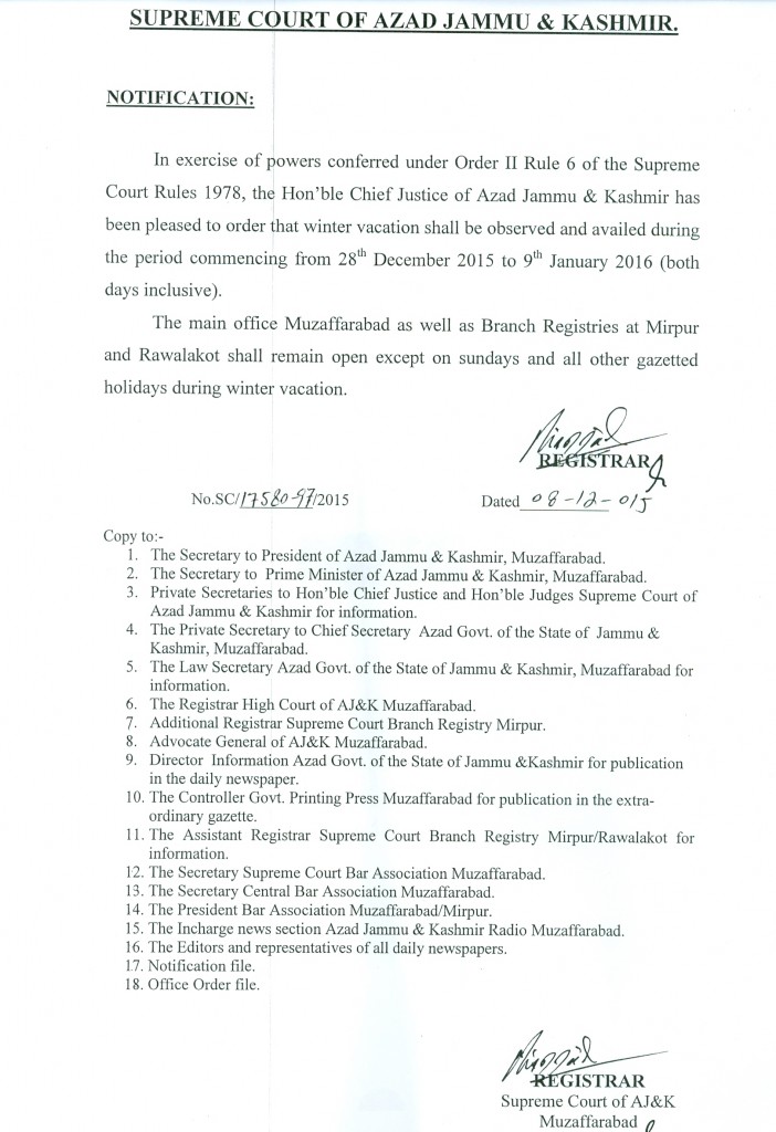 Supreme Court of AJK Winter Vacation Notification 